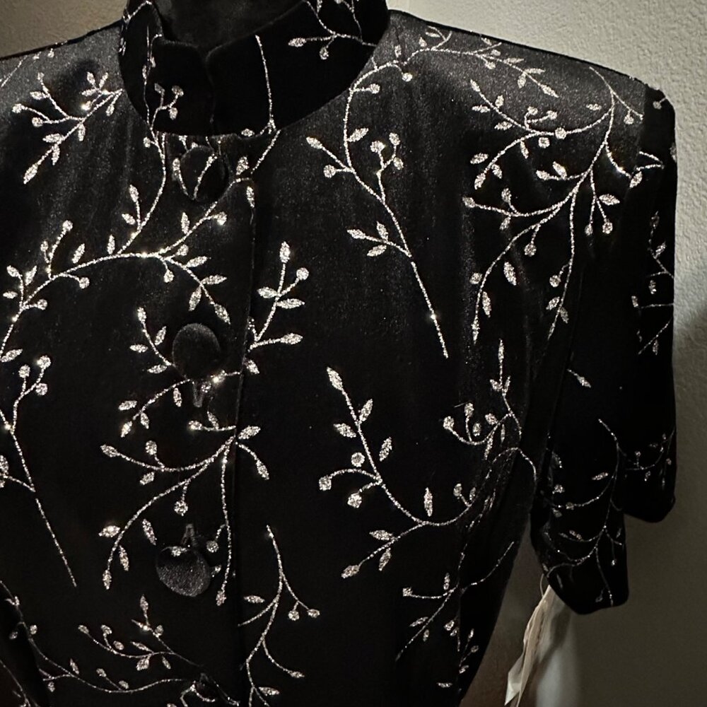 Another Thyme Velvet Maxi Dress 14 Black Floral Glitter Mandarin Collar Formal - Picture 3 of 13